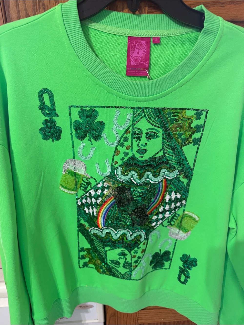 QUEEN OF SPARKLES Neon Green St. Patrick's Day Sequin Cardigan Sweater